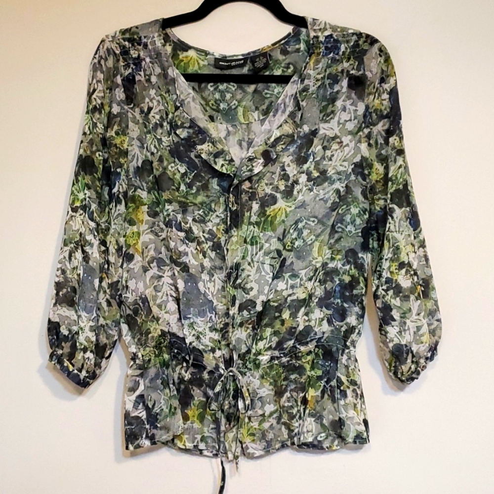 DKNY Jeans Petites Green Print Sheer Blouse with Tie at Waist, S
